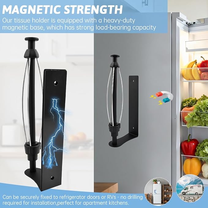 Magnetic Paper Towel Holder for Fridge, No Drill, One Hand Tear Paper Towel Holder with Ratchet Mechanism, Self-Adhesive & Wall Mount for Refrigerator, Kitchen, Garage, RV(Color:Black)