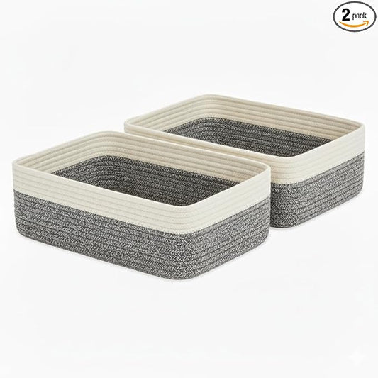 2 Pack Storage Baskets for Organizing, 15"x11"x5.1", Small Basket for Shelves, Closet, Nursery, Living Room,Bathroom, Shallow Basket Organizer, White & Mixed Gray