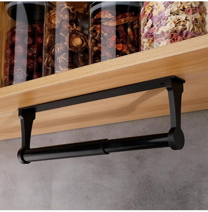 Paper Towel Holder - Self-Adhesive or Drilling, Black, Wall Mounted, Kitchen Roll Dispenser Under Cabinet or Inside Cabinet