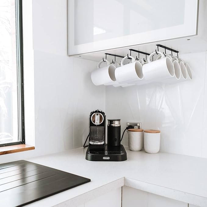 Mkono Under Cabinet Mug Hanger Set of 3 Metal Mug Hooks Coffee Cup Holder with 12 Hooks Simple Coffee Mug Organizer for Cabinet Shelf Modern Mug Storage Display Rack for Kitchen, Black