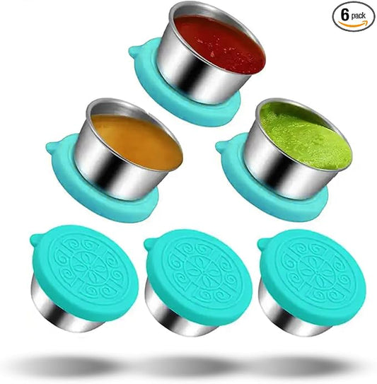 Pack of 6 Salad Dressing Container To Go: Small Condiment Containers with Lids, Reusable Stainless Steel Sauce Cups, Leakproof Silicone Lids for Bento Box, Picnic and Travel (Teal - 1.69oz)