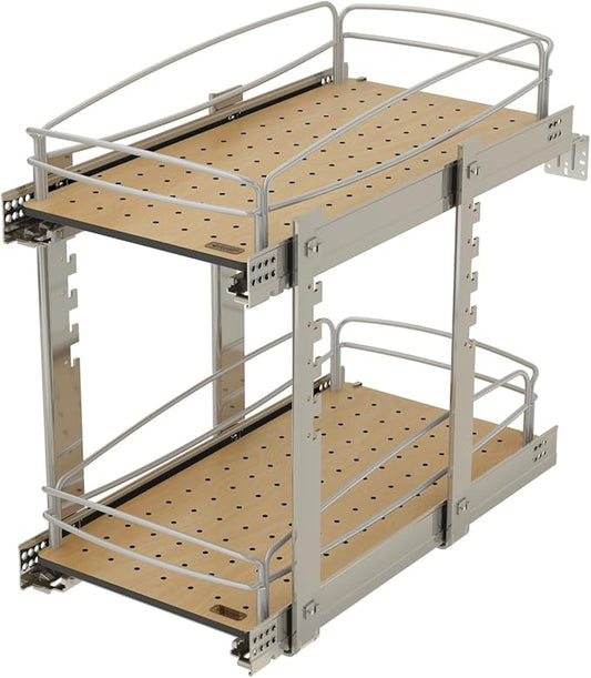 Rev-A-Shelf 2 Tier Pull Out Kitchen Cabinet Storage Organizer with Solid Bottom & Undermount Soft-Close Full Extension Slides, 54BK-12SC-2-1