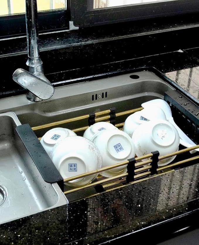 Gold Expandable Dish Drying Rack Over The Sink, Adjustable 10–18 Inch Stainless Steel Sink Drying Rack for Plates, Bowls & Utensils, Space-Saving Kitchen Counter Drainer