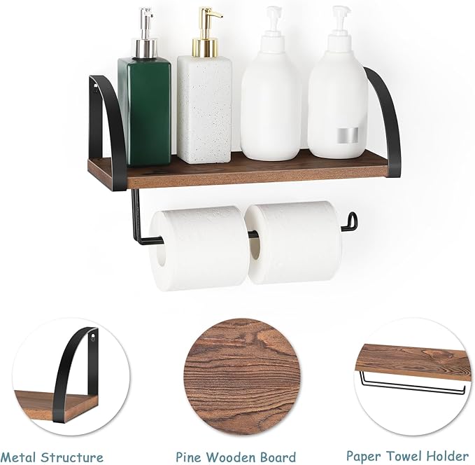 BTY Paper Towel Holder Wall Mount Farmhouse Wood Paper Towel Holder with Shelf Hanging Paper Towel Roll Rack Under Cabinet Spice Rack for Kitchen Bathroom Organizer Rustic Brown