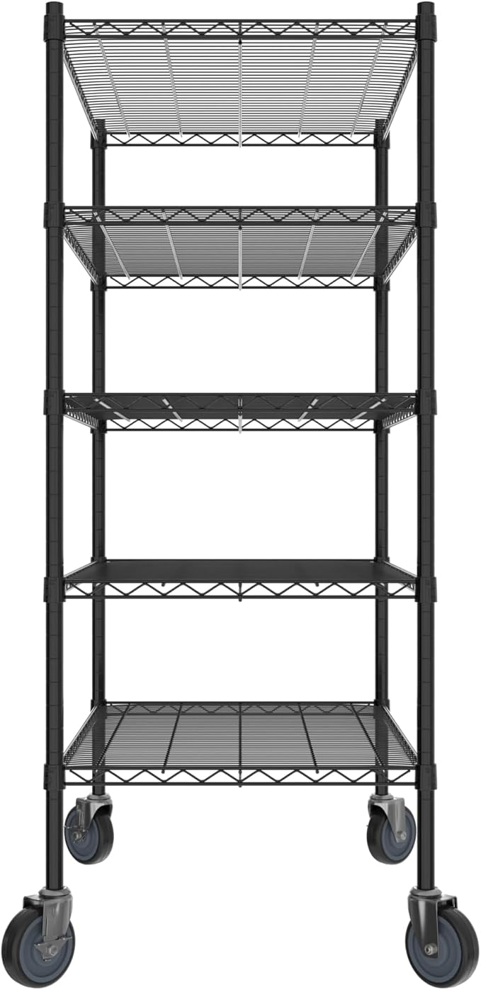 Commercial NSF Listed Black Epoxy Mobile Wire Shelving Kit 24" x 36" x 60", with 5 Shelves Perfect for Warehouse, Walk-in Refrigerator, Freezer, Grocery Store, Restaurant, Dishroom