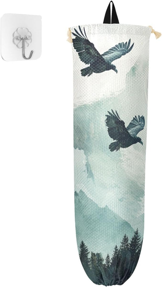 Plastic Bag Holder Wall Mount Grocery Bag Shopping Bag Storage Holder Organizer Dispenser with Adhesive Hook,for Kitchen Bathroom Home Decor 9x22 Inches Bald Eagle Mountains Green44