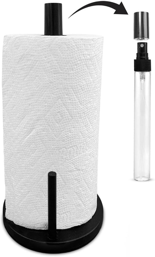 BLUJAYE 2 in 1 Paper Towel Holder with Spray Bottle - Matte Black Paper Towel Holder Countertop & Spray Bottle - Rust-Resistant Metal Base Standing Paper Roll Mount for Kitchen, Bathroom & Garage