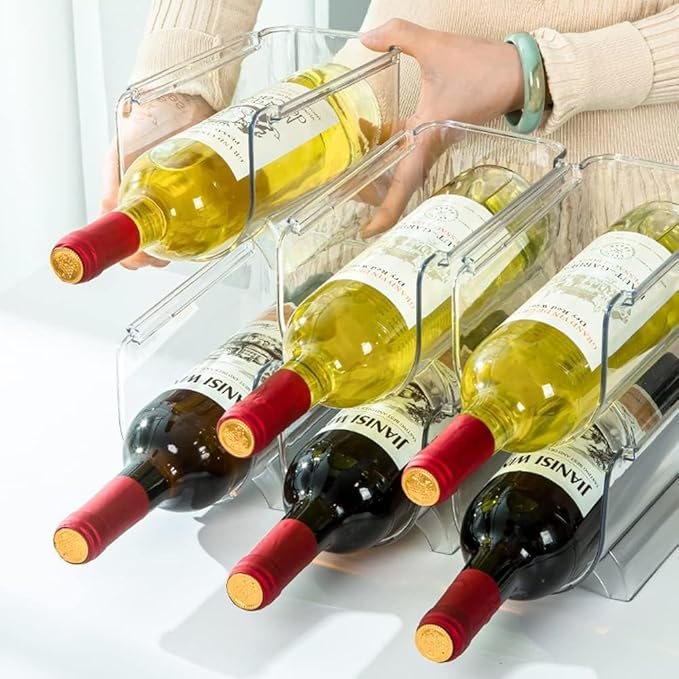 Heshebuy 4 Pack Bottle Rack, Fridge Organizer Bottle Rack, Stackable Wine Rack Plastic Bottle Holder (4)