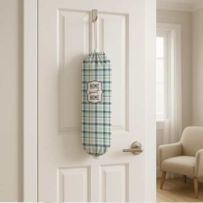 Plastic Bag Holder, Home Sweet Home Plastic Bag Holder for Kitchen Essentials, Grid Bags Holders for Plastics Bags Groceries Store, Reusable Hanging Trash Sack Dispenser