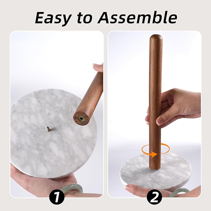 Acacia Wood & Marble Paper Towel Holder – Freestanding Paper Towel Holder for Countertop, Weighted for One-Handed Use, for Kitchen, Bathroom, Office