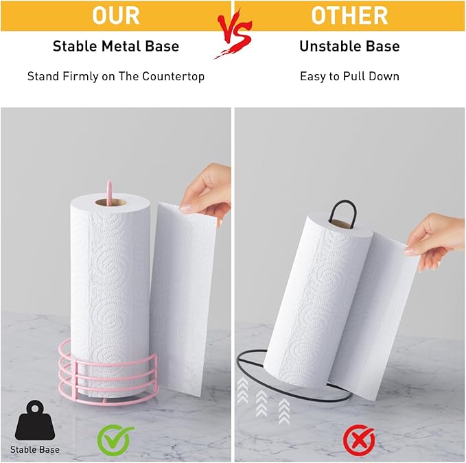 Buruis Paper Towel Holder for Countertop, Metal Standing Paper Towel Dispenser with U-Shape Handle and Stable Base, Pink