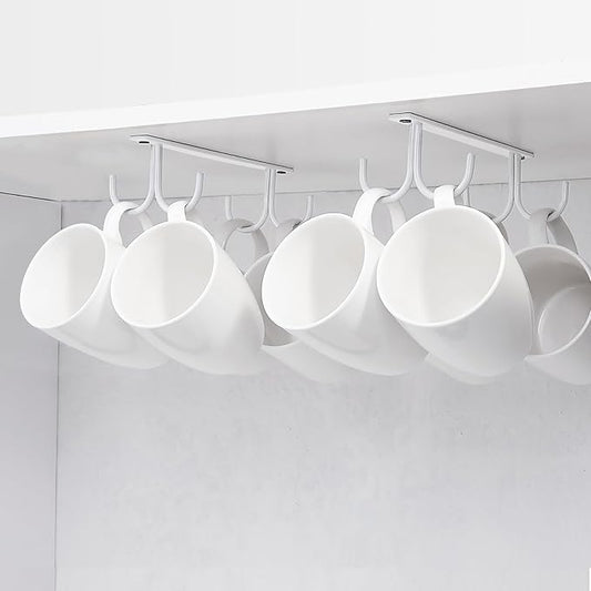 Mug Rack Under Cabinet - Coffee Cup Holder, 8 Mugs Hooks Under Shelf, Display Hanging Cups Drying Hook for Bar Kitchen Utensils White