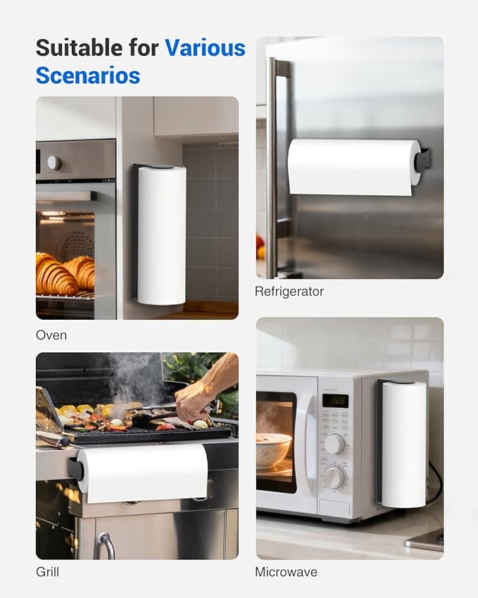Magnetic Paper Towel Holder for Fridge, No Drilling, Strong Magnet, Stainless Steel, Paper Towel Holder Magnetic for Refrigerator, Rv, Grill, Kitchen Decor and Accessories, Black