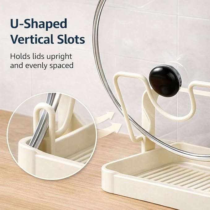Kitchen Pot Lid Storage Rack with U-Shaped Slots, Carbon Steel Countertop Lid Holder with Removable Drip Tray, Vertical Organizer for Pots and Pans (Gray single layer)