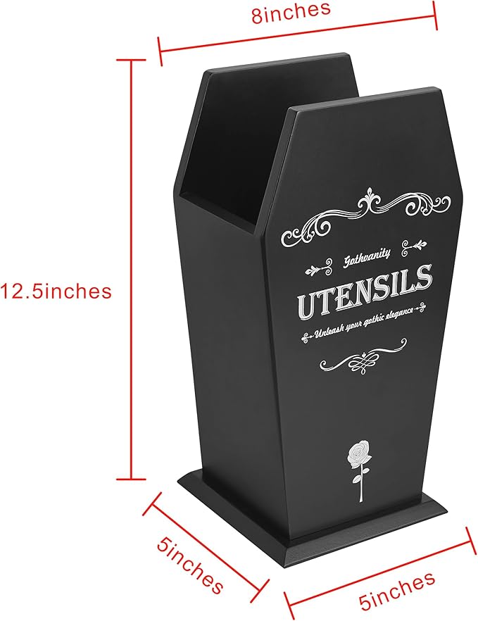 Gothic Coffin Utensil Holder - Large Stable Spooky Dark Aesthetic Kitchen Organizer, Wooden Black Kitchen Decor 12.5X8X5 Inches