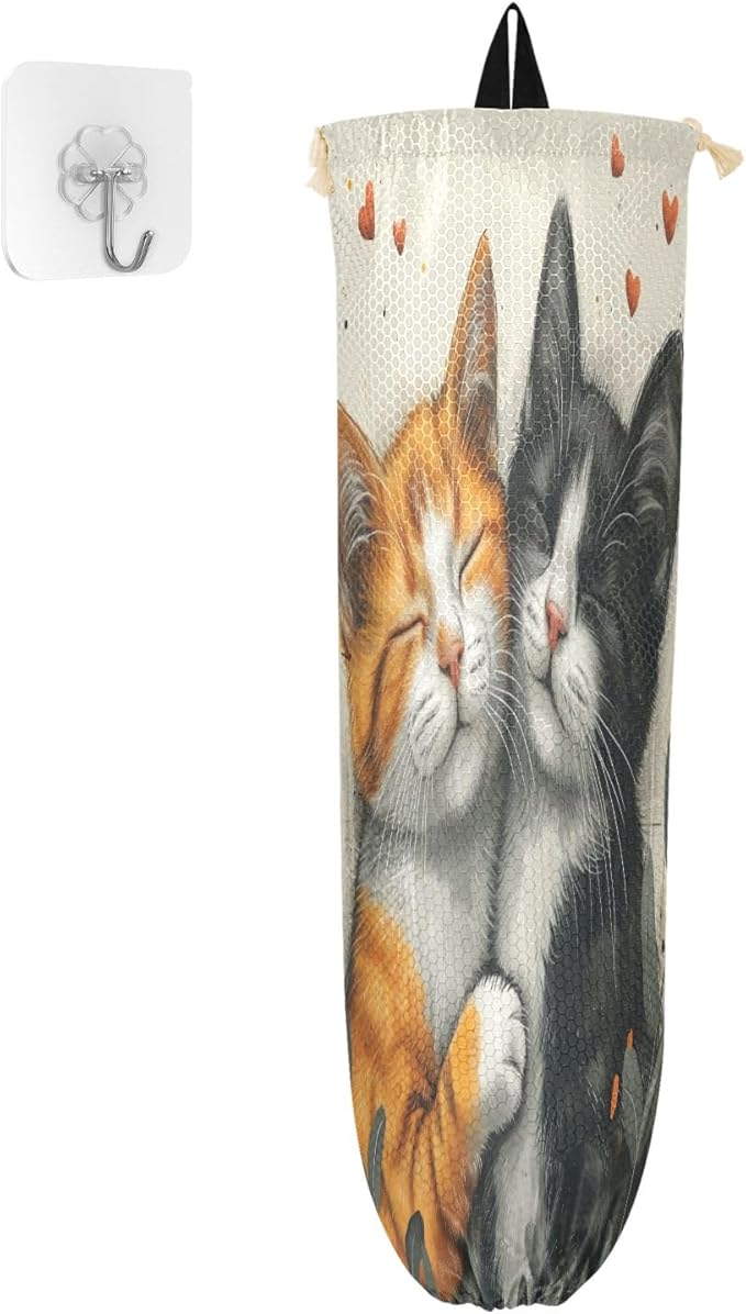 Cats in Love Plastic Bag Holder Kitchen Storage Accessories Grocery Bag Storage Durable Plastic Bag Organizer with Hanging Loop 2 Pack