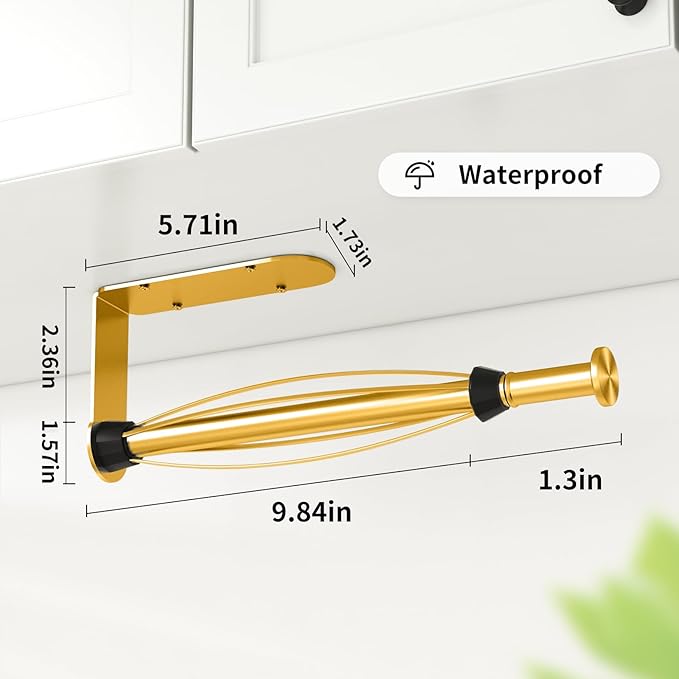 Fixwal Paper Towel Holder Under Cabinet, Single Hand Operable Wall Mount Paper Towel Holder with Damping Effect, Bend-Resistant, Self-Adhesive or Drill Mounting for Kitchen Bathroom, Gold