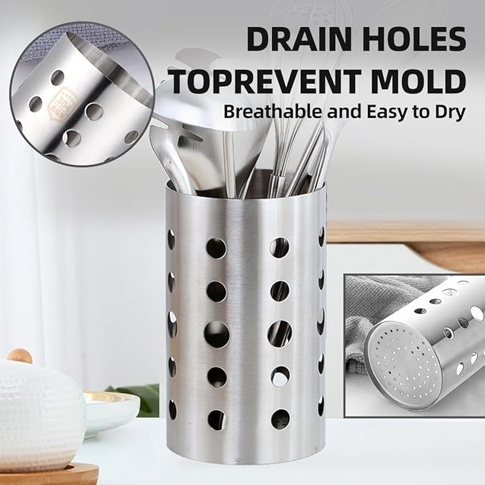 QRU Kitchen Utensil Holder for Countertop (H6.7” x W4.1”), Stainless Steel Cooking Utensil Caddy for Tools, Spatulas, Spoons, Silverware & More, Cooking Utensil Organizer, Kitchen Decor (Silver)