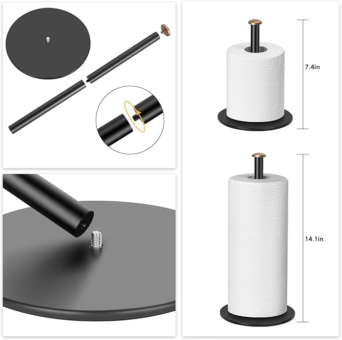 Paper Towel Holder Black,ZMGNND Adjustable Paper Towel Stand for Countertop - New House Essentials,Matte Black Bathroom Paper Towel Holders - Holds 3 Rolls,Kitchen Paper Towel Dispenser for Counter
