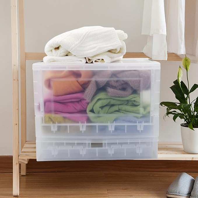 Qsbon Qskely 30 L Clear Plastic Collapsible Storage Crate, Folding Storage Box with Lid, 4-Pack