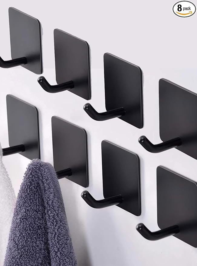 EDMILE Adhesive Towel Hooks for Bathrooms, 8 Piece Towel Hooks for Hanging Hat Robe Coat, Stick on Hooks for Kitchens, Strong Self-Adhesive No Damage Sticky Hook, Black