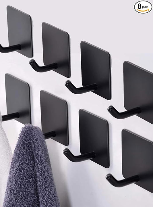EDMILE Adhesive Towel Hooks for Bathrooms, 8 Piece Towel Hooks for Hanging Hat Robe Coat, Stick on Hooks for Kitchens, Strong Self-Adhesive No Damage Sticky Hook, Black