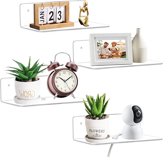 luium 9 Inch Acrylic Floating Shelf, No Drill Adhesive Wall Shelf Set of 4 for Storage, Floating Shelves Damage-Free Expand Wall Space for Living Room, Office, Gaming Room, Bathroom