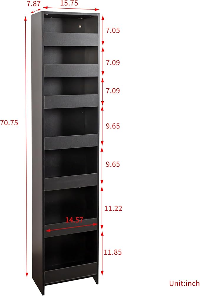 Slim Rolling Storage Cart, 7-Tier Pull-Out Spice Rack with Handle & Wheels, Narrow Kitchen Organizer for Next to Fridge, Pantry, Laundry Room, 7.87 Inch Wide Space Saver (Black, Hidden Wheels)