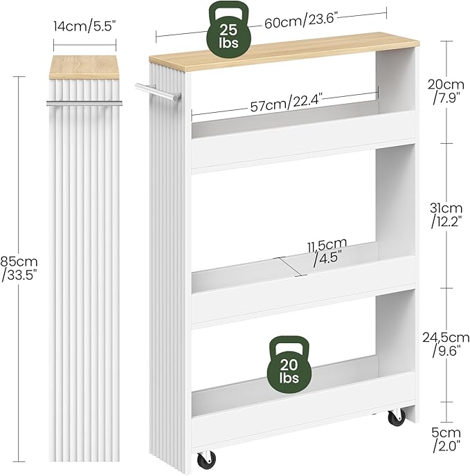 Slim Storage Cart with Wheels, 5.5" Narrow 4-Tier Rolling Cart, Multi-Purpose Utility Cart for Kitchen, Bathroom, Laundry Room, Living Room, White and Natural MTC02WN