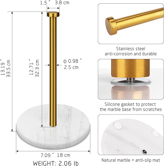 Paper Towel Holder Countertop with 7" Weighted White Marble Base - Modern Free Standing Paper Roll Holder, Brushed Gold Stainless Steel Stand Paper Towel Holder for Kitchen and Bathroom