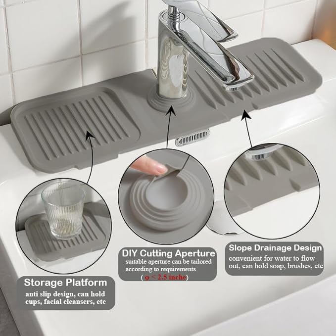 CHIVOLONA Kitchen Sink Splash Guard,Silicone Faucet Handle Drip Catcher Tray,Grey Faucet Mat for Kitchen Sink,Fit Kitchen or Bathroom Sink,5°Slope,17.5” * 5.5”