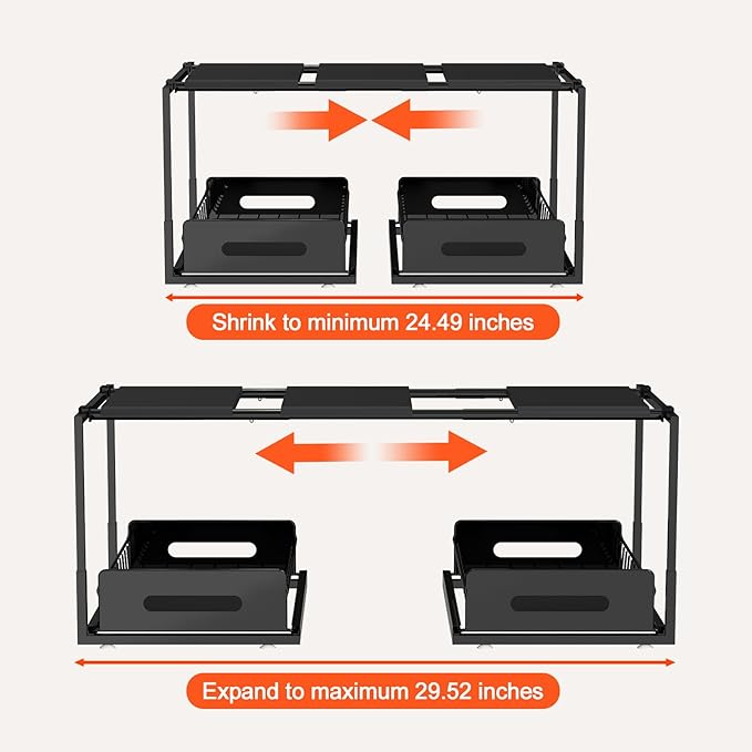 REALINN Extendable Under Sink Organizer, 2 Tier Pull Out Under Cabinet Organizer Shelf, Black Expandable Storage