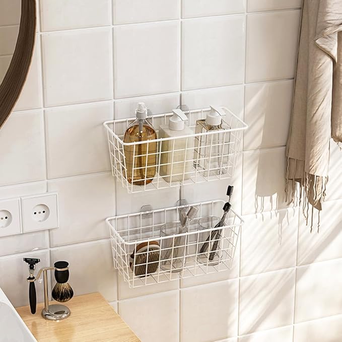 Deertaip Adhesive Basket Wall Wire Basket Over the Cabinet Door Organizer No Drilling Mounted 4 Pack, White