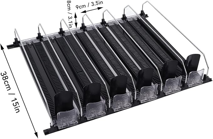 FLEXMAN Drink Organizer for Fridge, 6 Rows Adjustable Width Spring Loaded Drink Dispenser, Beverage Dispenser, Water Bottle Organizer for Soda, Beer, Wine, Sparkling Wine (Black)