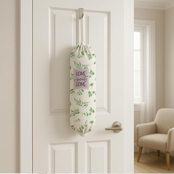 Plastic Bag Holder, Home Sweet Home Plastic Bag Holder for Kitchen Essentials, Wall Mount Plastics Sack Storage Container Dispenser, Grocery Bags Dispenser, Kitchen Gifts For Women Family Friends