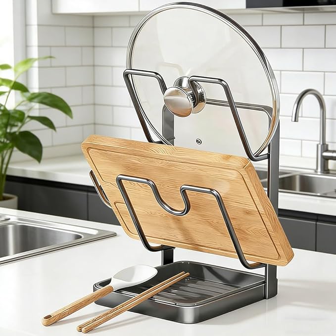 Kitchen Pot Lid Storage Rack, Lid Holder While Cooking, Countertop Organizer Rack for Counter with Removable Drip Tray, Stainless Stand with Tray Spoon Rest for Stove Top(Grey-Double layer)
