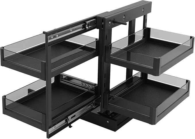 Heavy-Duty Blind Corner Pull Out Organizer - 55lbs Capacity 2-Tier Cabinet Organizer with Adjustable Baskets, Explosion-Proof Glass & Carbon Steel for Kitchen Cabinets