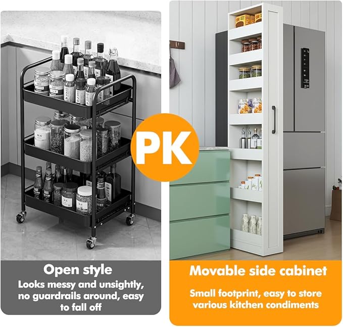 7 Tier multi-functional pull-out storage Cart for Next to Fridge, Rolling Slim Narrow Utility Cart for Small Spaces, Single sided open Spice Rack for Kitchen, Living Room & Narrow Spaces (White)