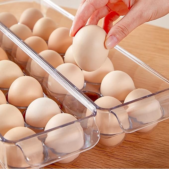 TKOWTB Clear Plastic Egg Holder - 14 Egg Tray Holder - Free Fridge Organizer with Lid, Refrigerator Storage Container 37 X 11cm