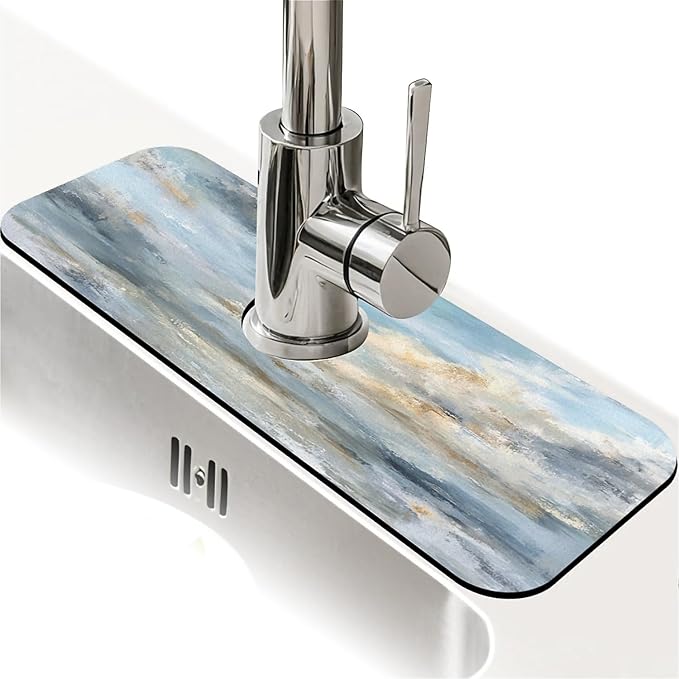 Kitchen Sink Splash Guard，blue and gray sky Faucet Mat Sink Gadgets-Super Absorbent Fast Drying Mat Drip Catcher for Kitchen, Bathroom,Sink Mat, Dish Drying Mat, Bathroom(15" X 5.5" )