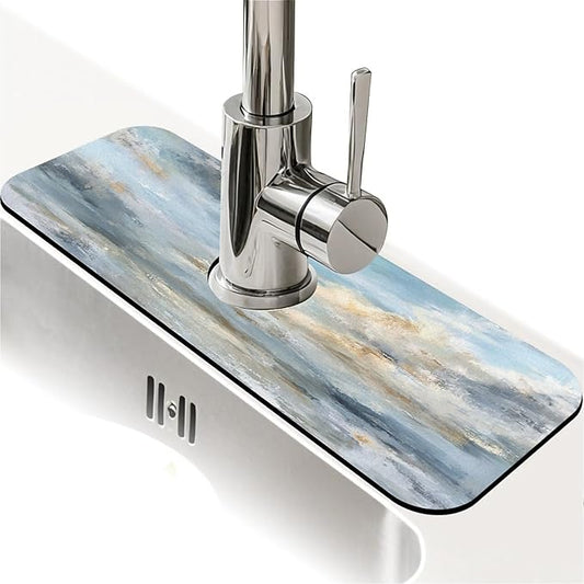 Kitchen Sink Splash Guard，blue and gray sky Faucet Mat Sink Gadgets-Super Absorbent Fast Drying Mat Drip Catcher for Kitchen, Bathroom,Sink Mat, Dish Drying Mat, Bathroom(15" X 5.5" )