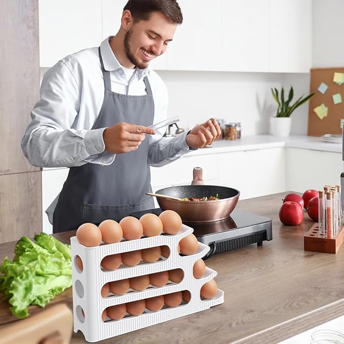Egg Holder for Fridge, 4 Tiers Auto Rolling Egg Storage Organizer for Refrigerator, Slim Space Saving Container, Dispenser - Egg Roller for Eggs 24 Count