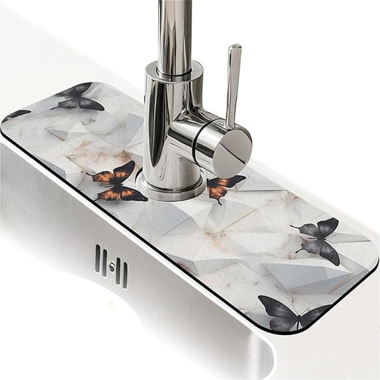Kitchen Sink Splash Guard，marble butterfly golden Faucet Mat Sink Gadgets-Super Absorbent Fast Drying Mat Drip Catcher for Kitchen, Bathroom,Sink Mat, Dish Drying Mat, Bathroom(15" X 5.5" )