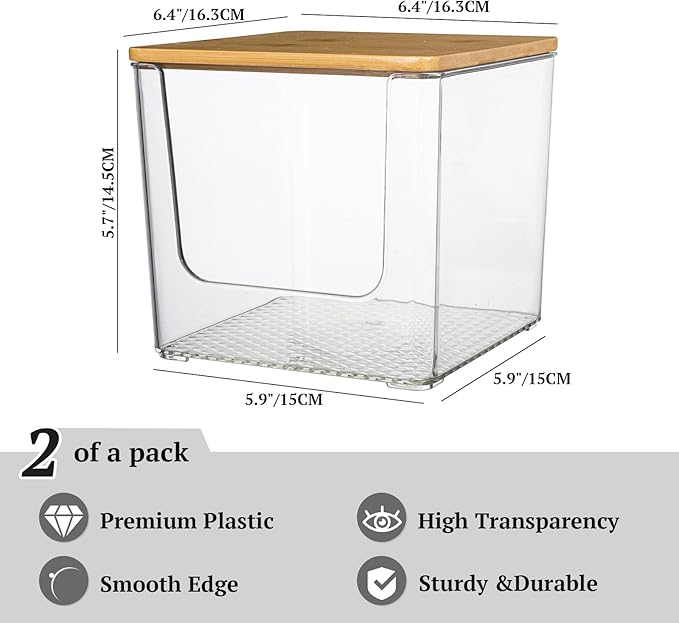 2 Pack Stackable Pantry Kitchen Counter Organizer, Food Storage Containers with Bamboo Lids, or Plastic Storage Bins for Onion, Patato, Snack, Vegetables, Face Towel (Clear)