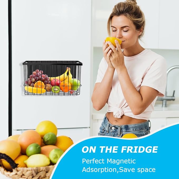 Magnetic Metal Basket Organizer for Fridge & Locker, Storage Basket for Foil/Plastic Wrap/Spice/Dryer Ball, Space-Saving Kitchen & Laundry Solution (Black, S)