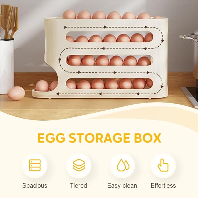 Egg Holder for Fridge, 2026 New Auto Rolling Fridge Egg Organizer, Egg Dispenser for Refrigerator, 4 Tiers Fridge Egg Rack for Refrigerator, Large Capacity/Holds 30 Eggs (White)