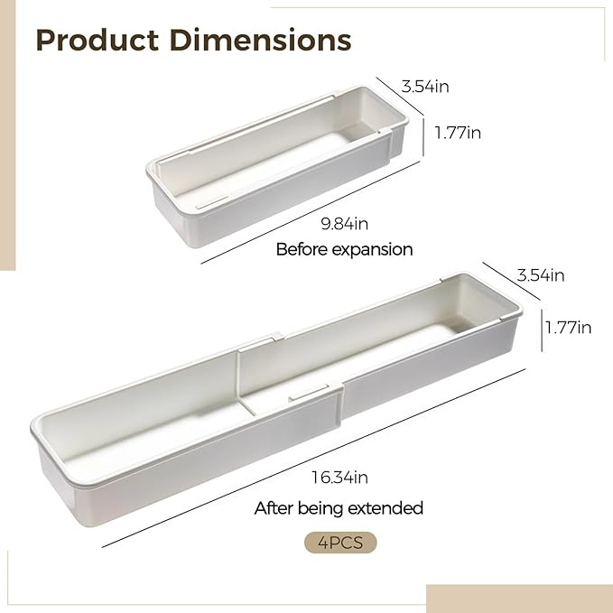 4 Pcs Adjustable Drawer Organizers, Extendable Plastic Dividers for Kitchen, Bathroom, Office Utensil, Cutlery, and Office Supply Storage, White Tray Set