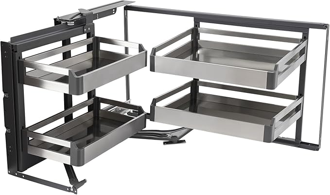 Blind Corner Cabinet Pull Out Organizer - 4-Basket Hidden Corner Storage with 115° Opening, Stainless Steel & Iron Construction, 15.43LBS Load-Bearing for Kitchen Cabinets (Silver/Black)