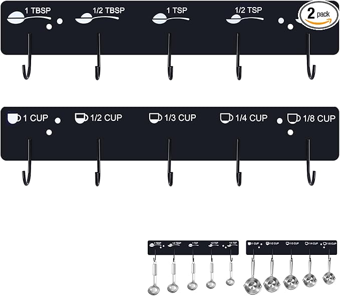 Premium Measuring Cups and Spoons Hanging Rack, Measuring Cup Organizer Rack Suitable for Kitchen Hanging Cups and Spoons, Including Screw and Adhesive Mounting, Cups and Spoons Rack 2pcs