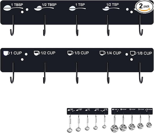 Premium Measuring Cups and Spoons Hanging Rack, Measuring Cup Organizer Rack Suitable for Kitchen Hanging Cups and Spoons, Including Screw and Adhesive Mounting, Cups and Spoons Rack 2pcs